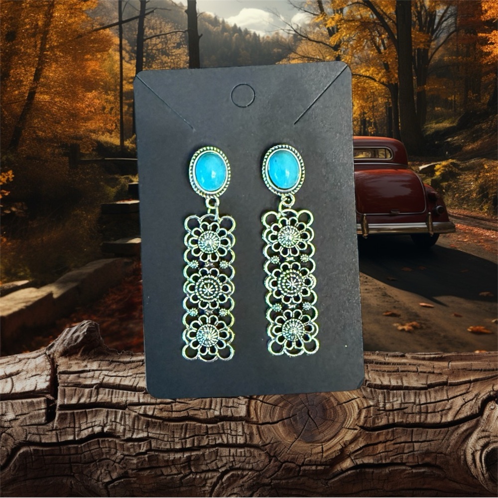 Silver Floral Drop Earrings with Turquoise Accent